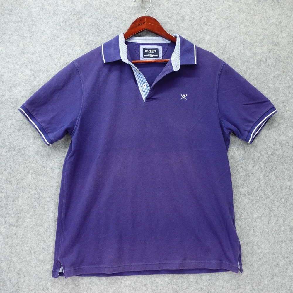 Blue Pique Polo Shirt Mens XL Faded Tipped Collar Hackett London Tailored Fit
